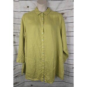 Tahari 100% Linen Chartreuse Tunic Top 2X Button Front Roll Sleeve Coastal